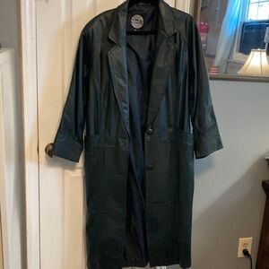 Elegant Black Leather Trench Coat Size S